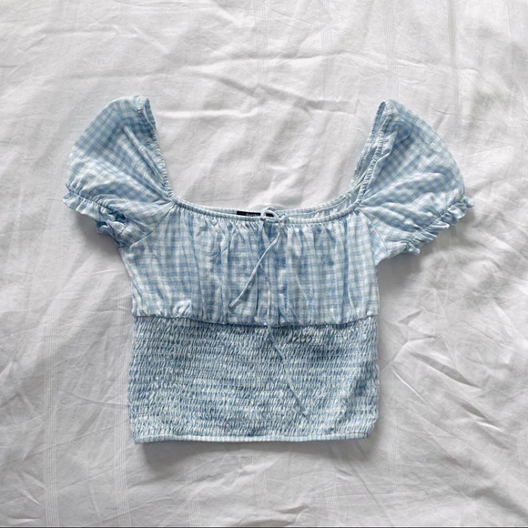 Bershka Blue Puff Sleeve Blue Checkered Top - Picture 3 of 3